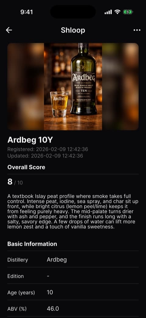 A mobile Shloop screen showing a saved tasting note in detail